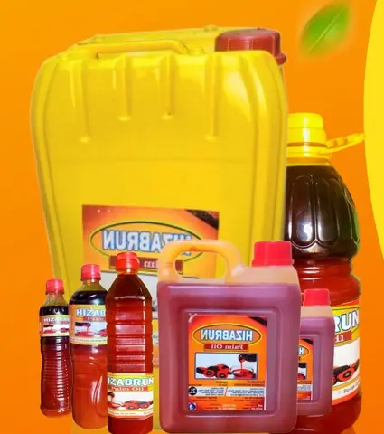 Hizabrun Palm Oil in bottles and jerrycans of different sizes